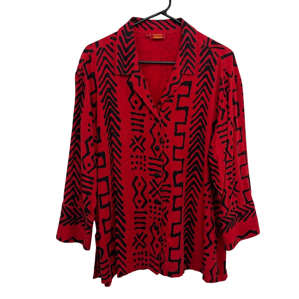 Tianello Shirt Womens Medium Red Tribal Geometric Print Button Up Rayon Africa